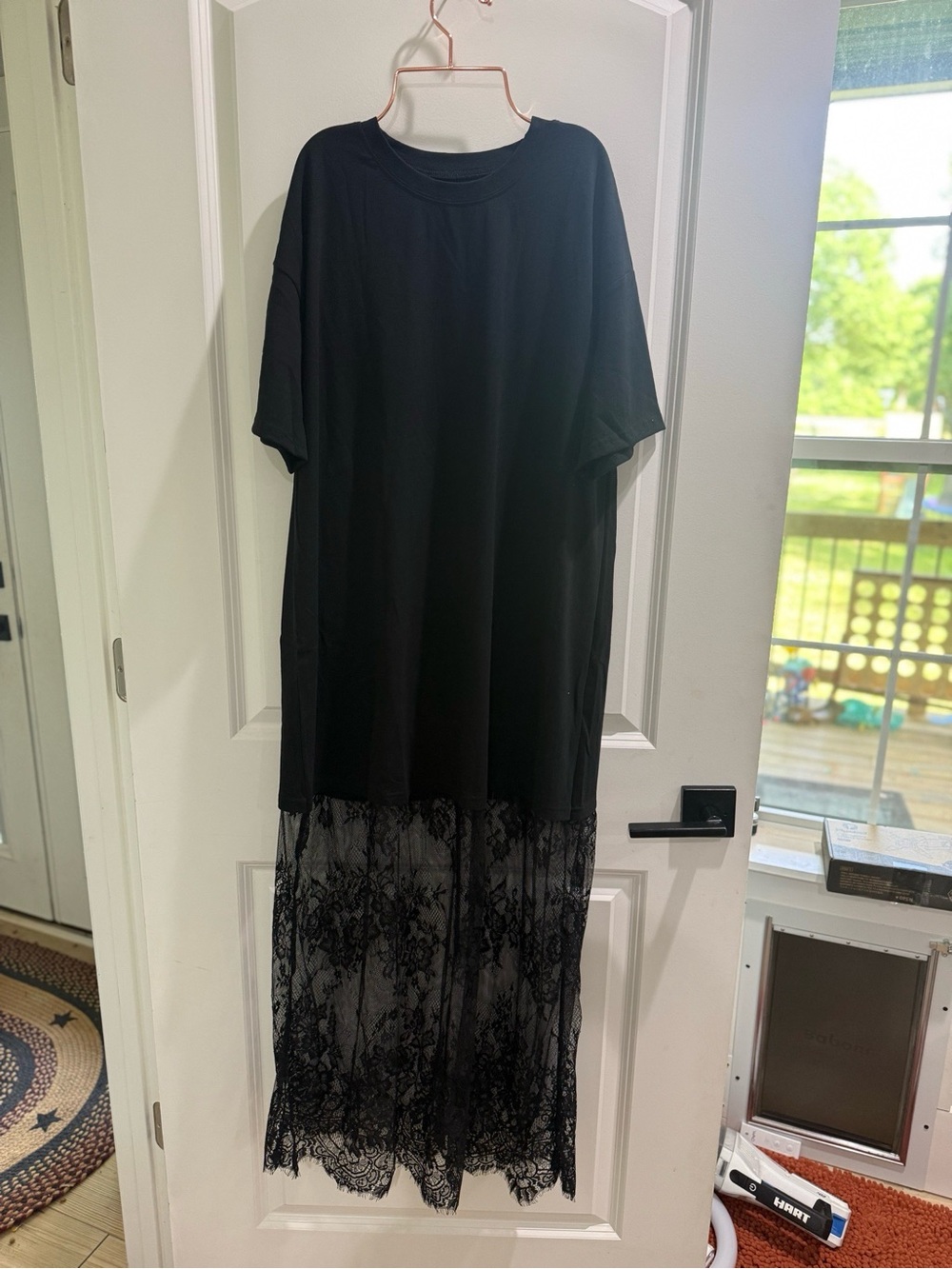 Black Short-Sleeve Dress with Sheer Lace Hem - Picture 8 of 8
